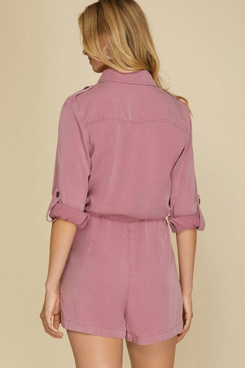 Honeybee Mumford's Pink Roll up Sleeve Flap Pockets Drawstring Playsuit