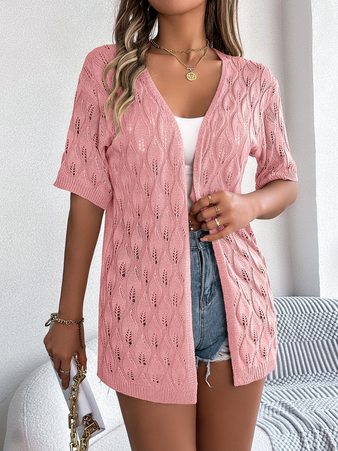 Honeybee Mumford's Openwork Open Front Short Sleeve Cardigan