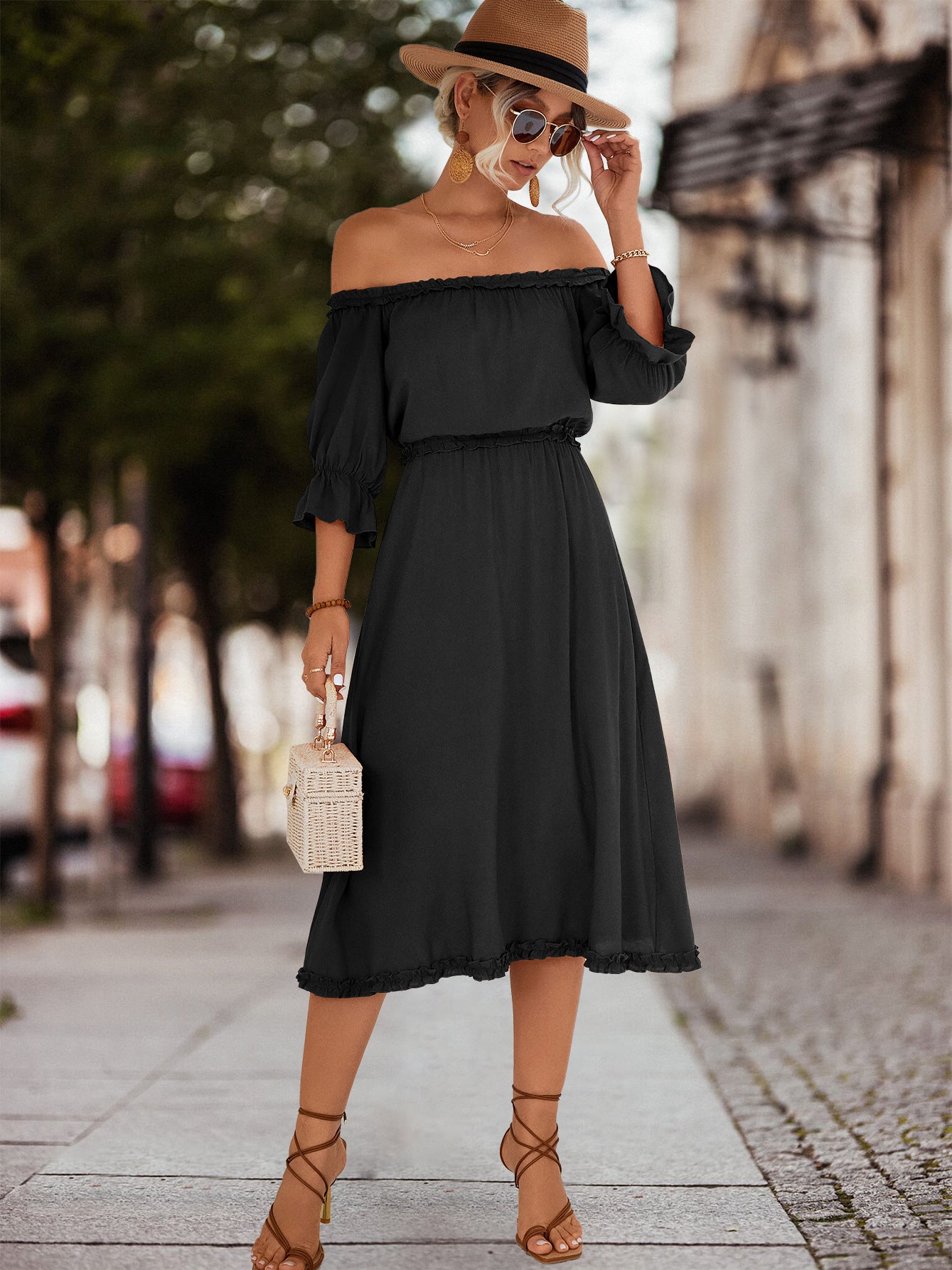 Honeybee Mumford's Frilled Off-Shoulder Flounce Sleeve Dress