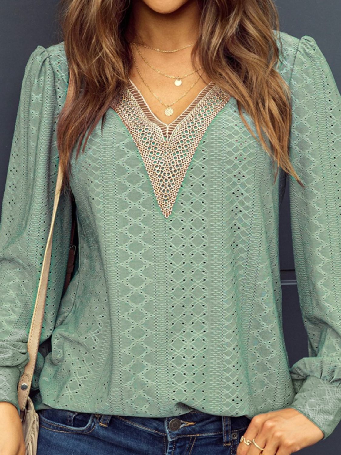 Honeybee Mumford's Eyelet V-Neck Long Sleeve Blouse