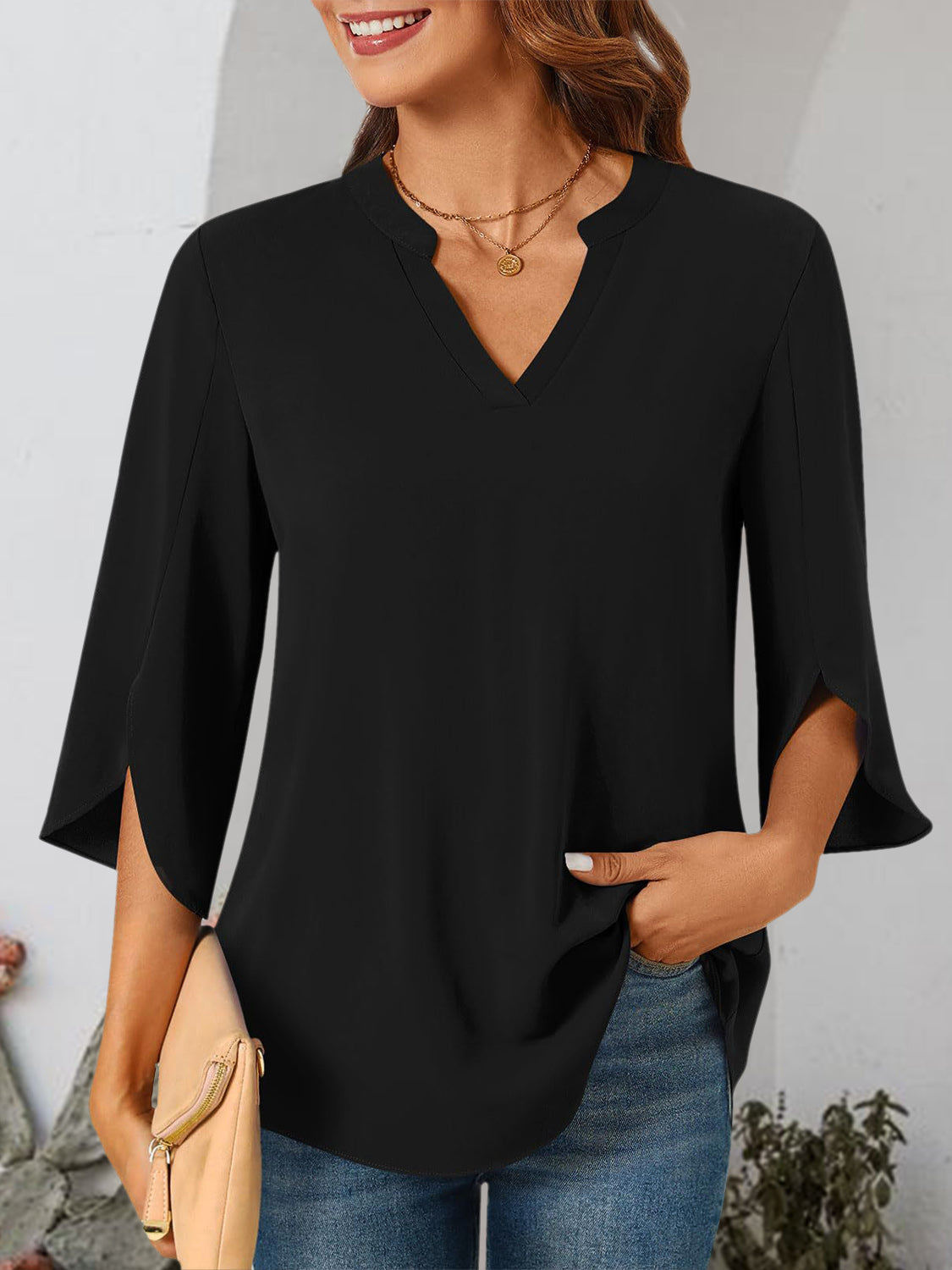 Honeybee Mumford's Notched Slit Half Sleeve Blouse