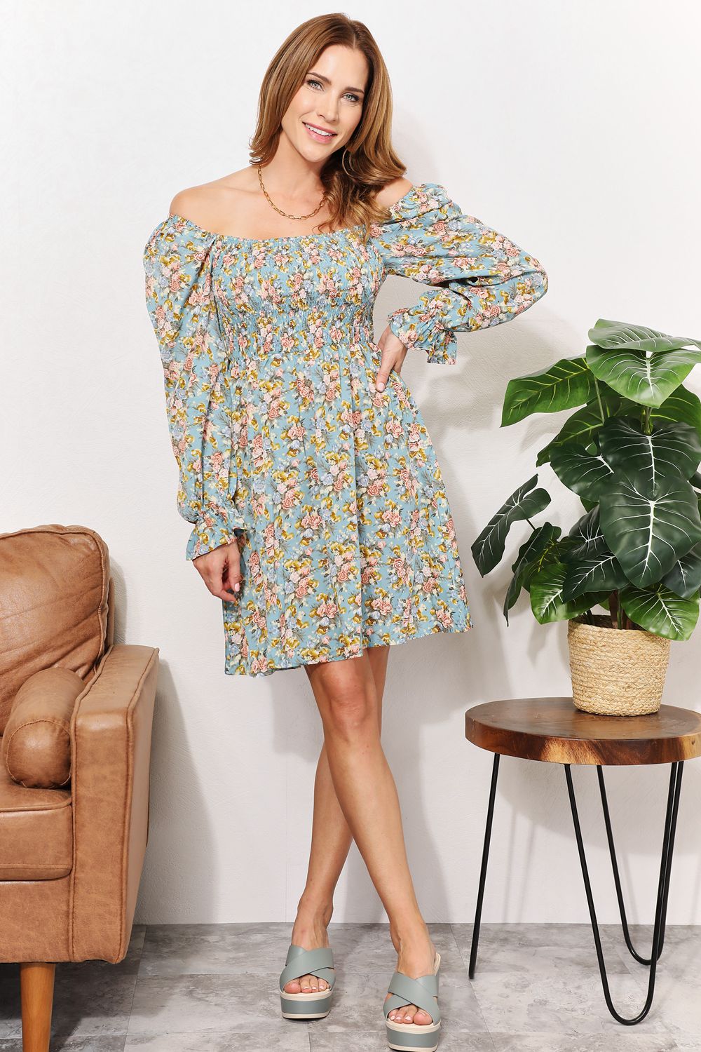 Honeybee Mumford's Floral Smocked Flounce Sleeve Square Neck Dress