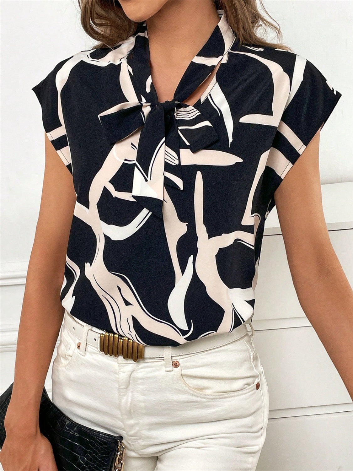 Honeybee Mumford's Printed Tie Neck Cap Sleeve Blouse