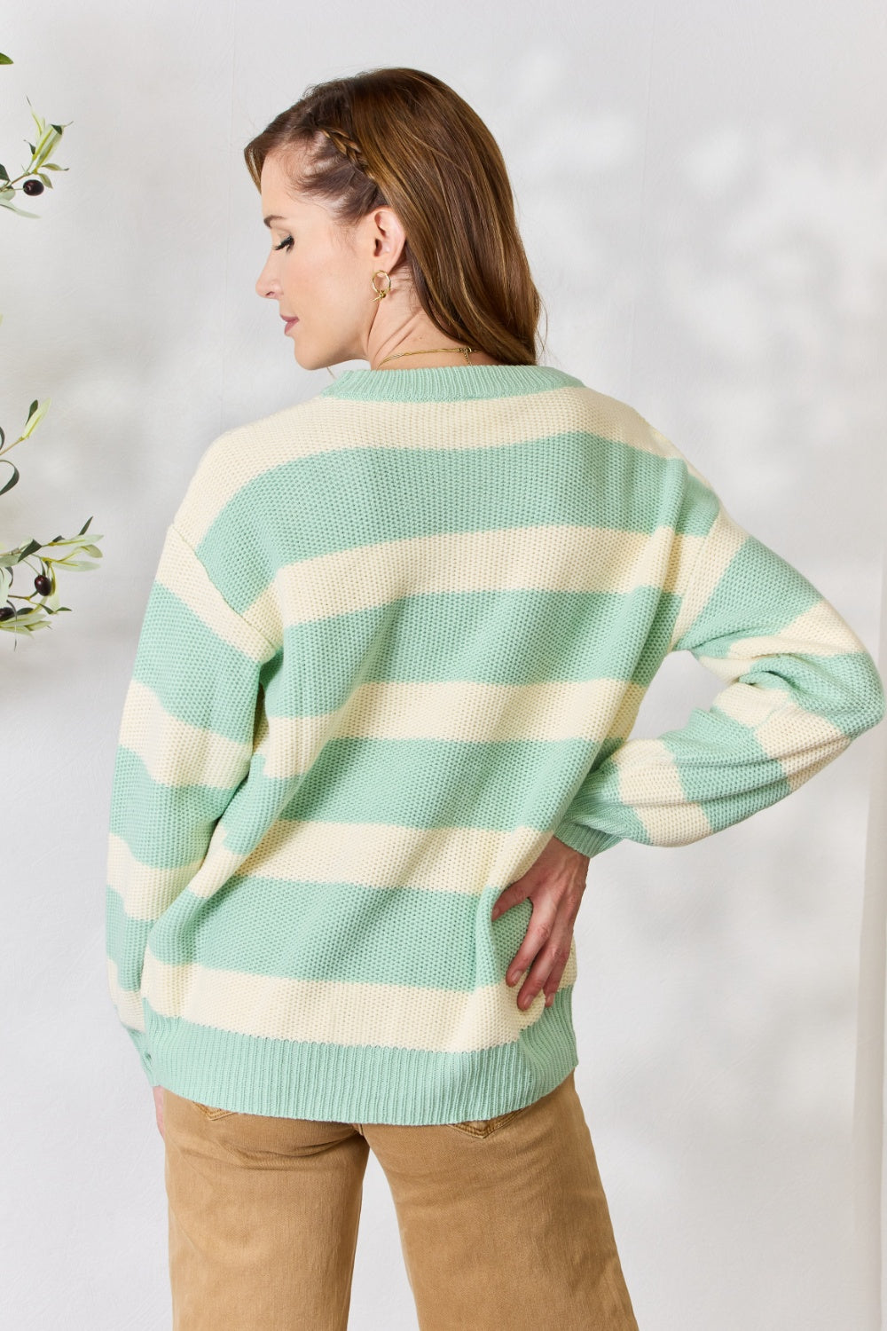 Honeybee Mumford's Sew In Love Full Size Contrast Striped Round Neck Sweater