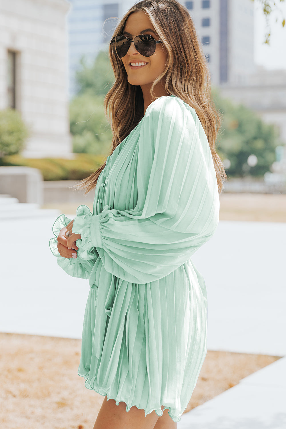 Honeybee Mumford's Green Pleated Ruffled Tie Waist Buttons V Neck Romper