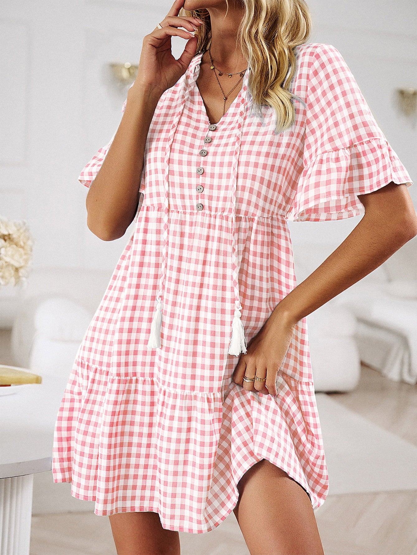 Honeybee Mumford's Plaid Flounce Sleeve Buttoned Mini/ short Dress