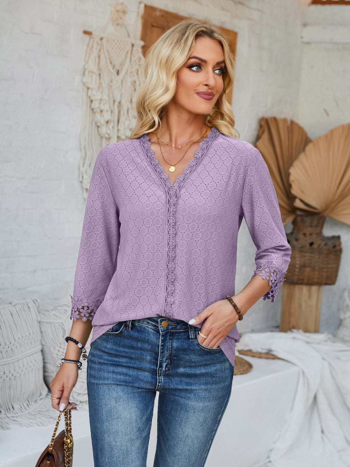 Honeybee Mumford's Lace Detail V-Neck Three-Quarter Sleeve Blouse