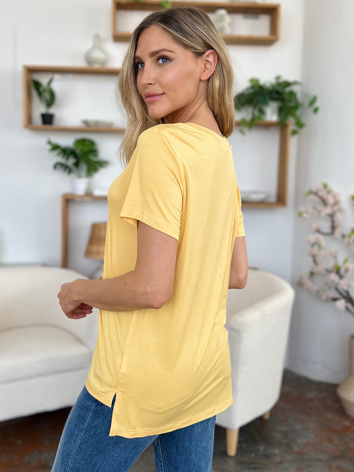 Honeybee Mumford's V-Neck High-Low T-Shirt (Yellow, Coral pink,Black and more)