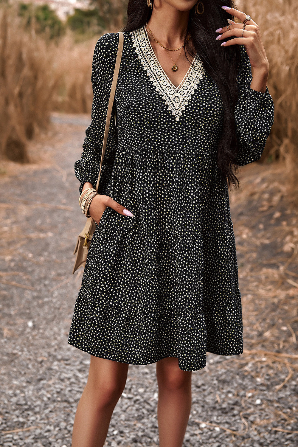 Honeybee Mumford's Lace Trim V-Neck Long Sleeve Dress