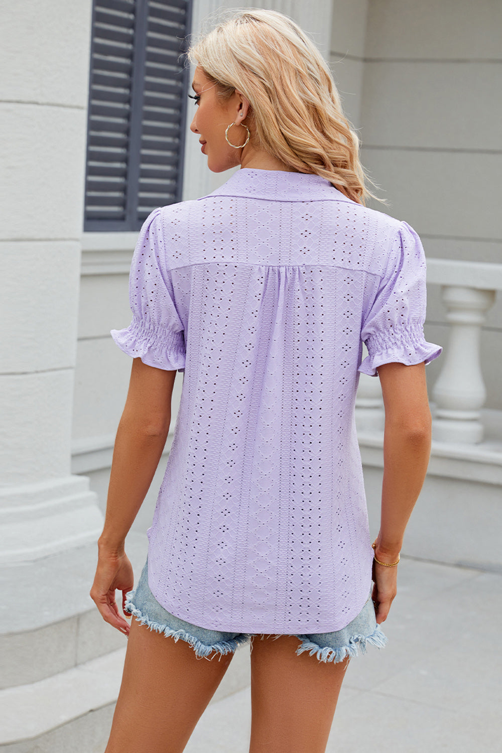 Honeybee Mumford's Eyelet Johnny Collar Short Sleeve Blouse