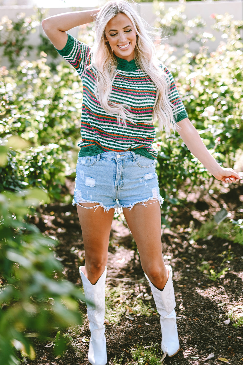 Honeybee Mumford's Dark Green Striped Pattern Contrast Trim Pointelle Knit T Shirt