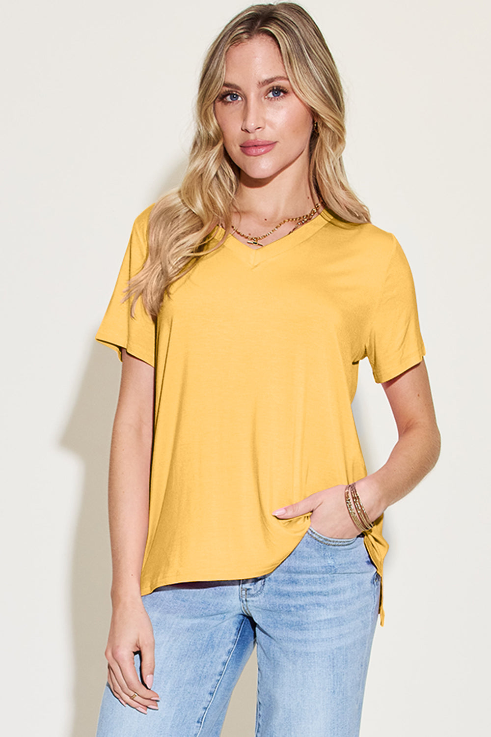 Honeybee Mumford's V-Neck High-Low T-Shirt (Yellow, Coral pink,Black and more)