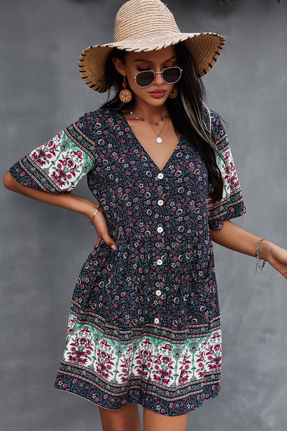 Honeybee Mumford's Bohemian Floral V-Neck Half Sleeve Dress