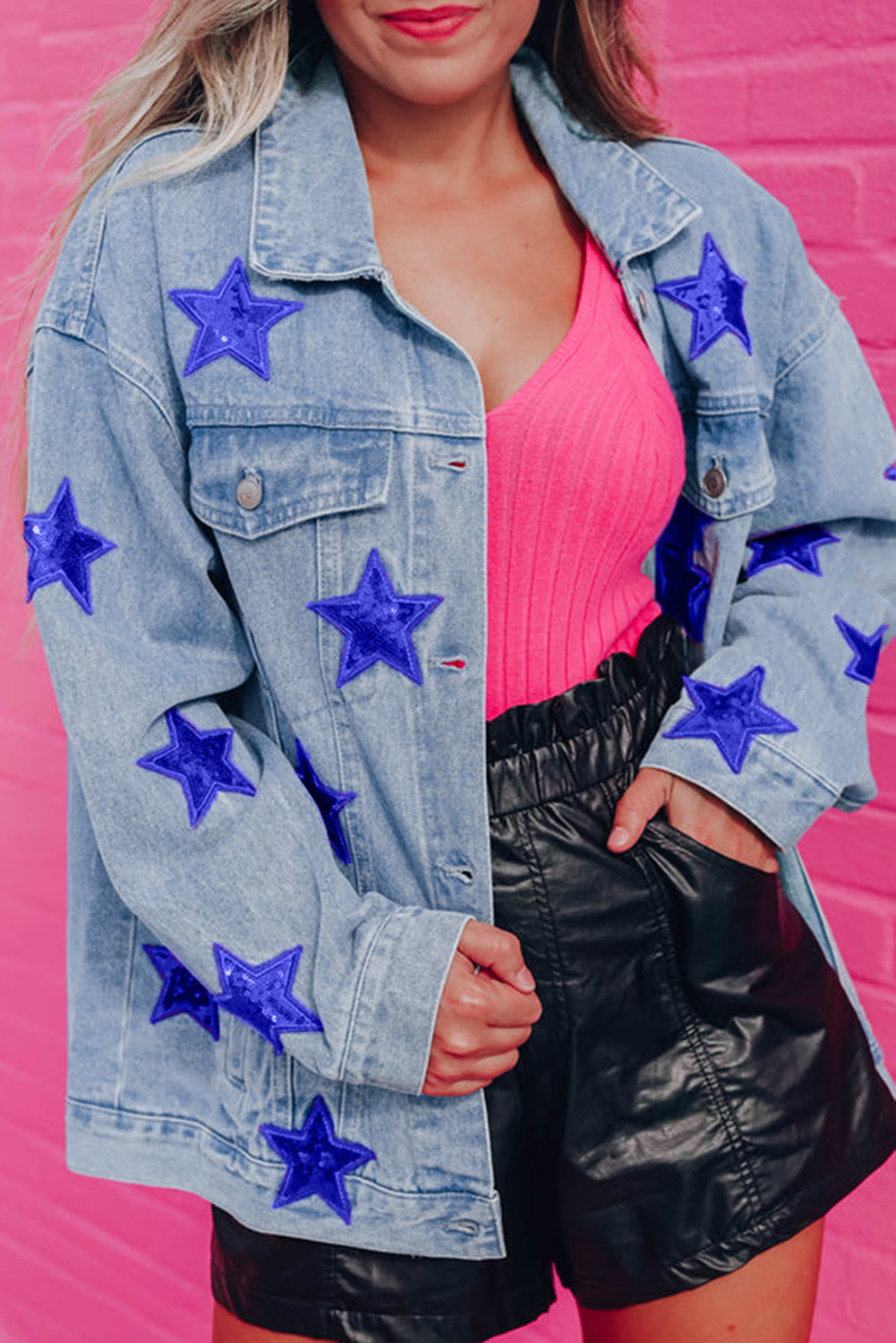 Honeybee Mumford's Bluing Sequin Star Flap Pocket Denim Jacket