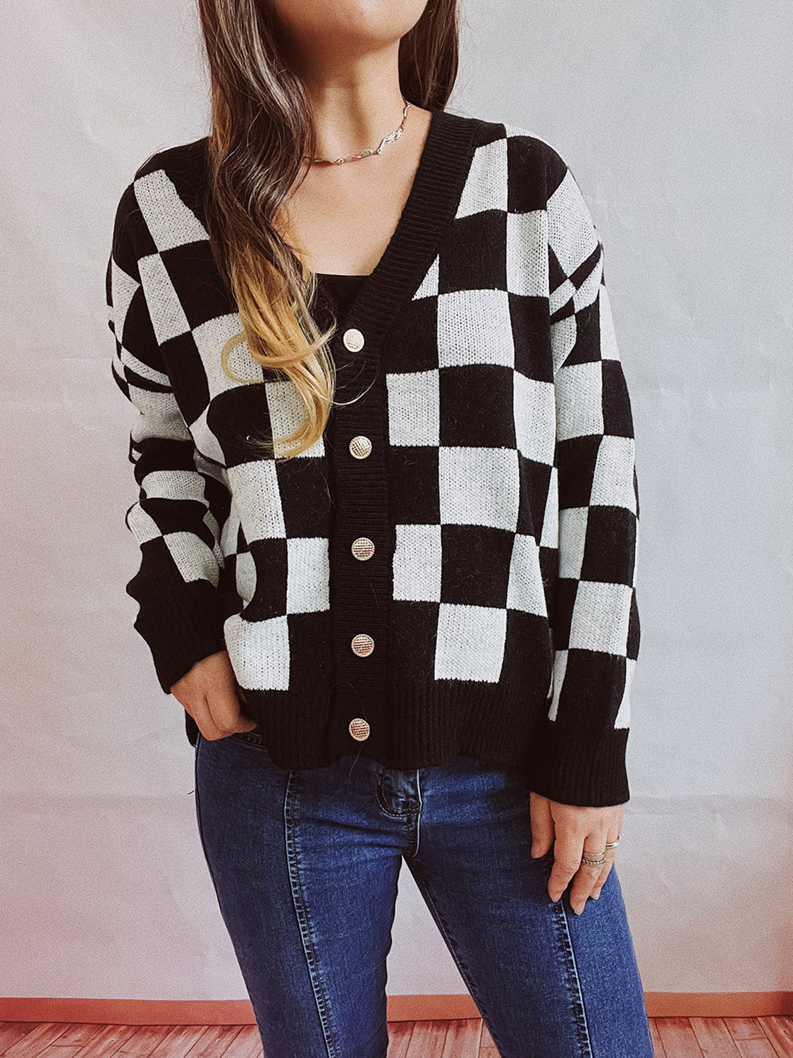 Honeybee Mumford's Checkered Open Front Button Up Cardigan