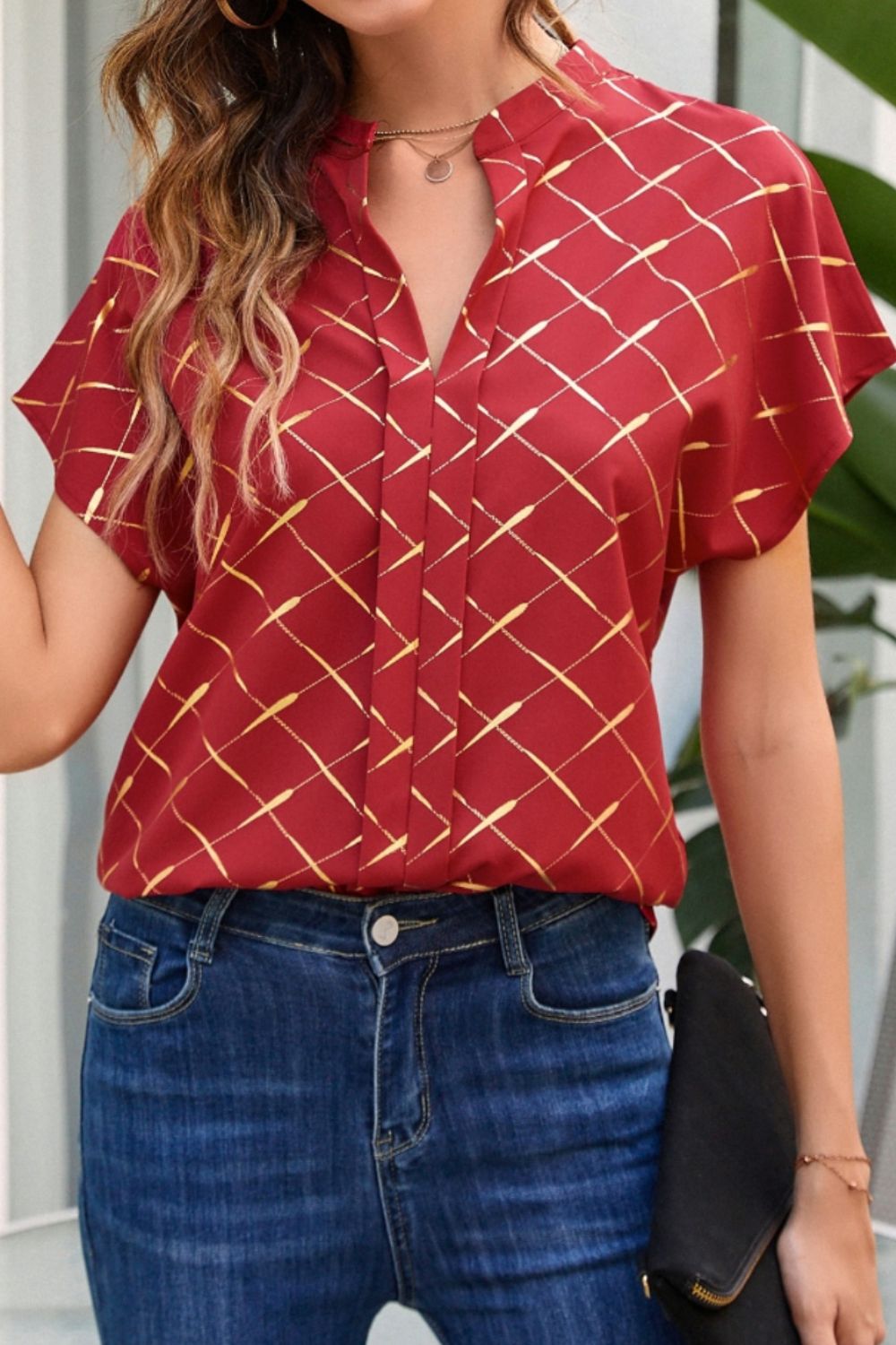 Honeybee Mumford's Printed Notched Short Sleeve Blouse