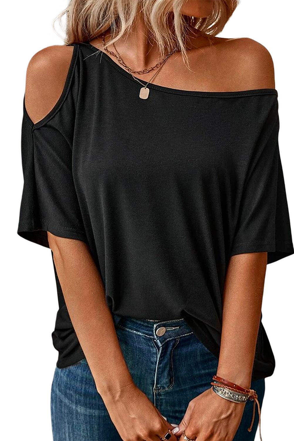 Honeybee Mumford's Black Solid Asymmetrical Neck Loose Casual T-Shirt