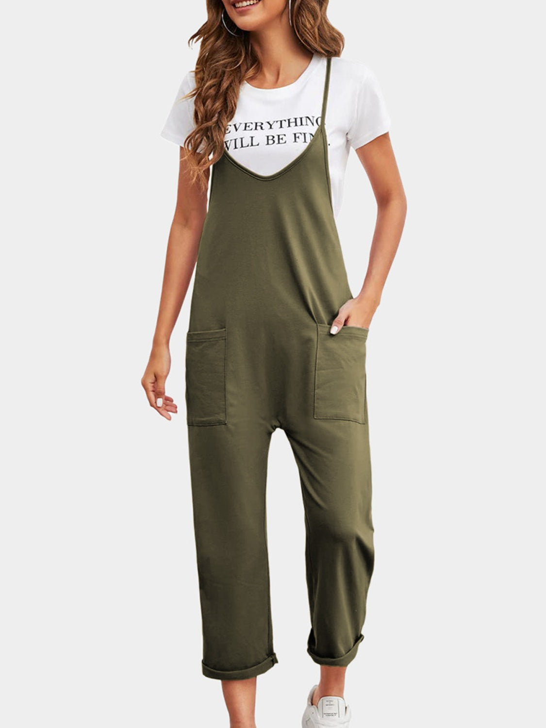 Honeybee Mumford's Full Size Spaghetti Strap Straight Leg Jumpsuit with Pockets