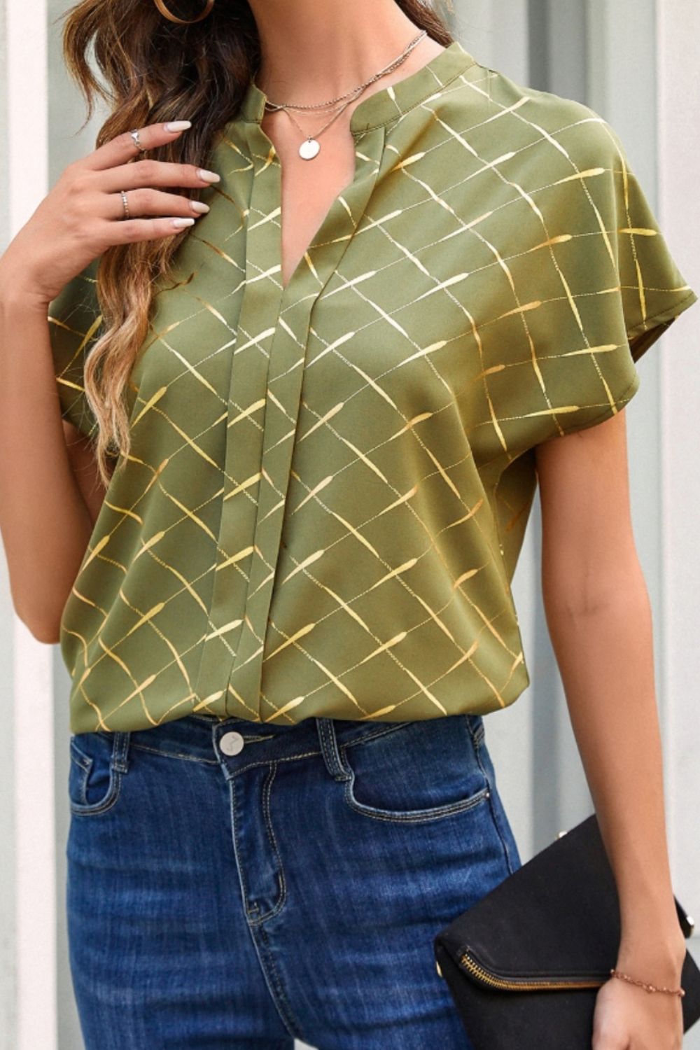 Honeybee Mumford's Printed Notched Short Sleeve Blouse