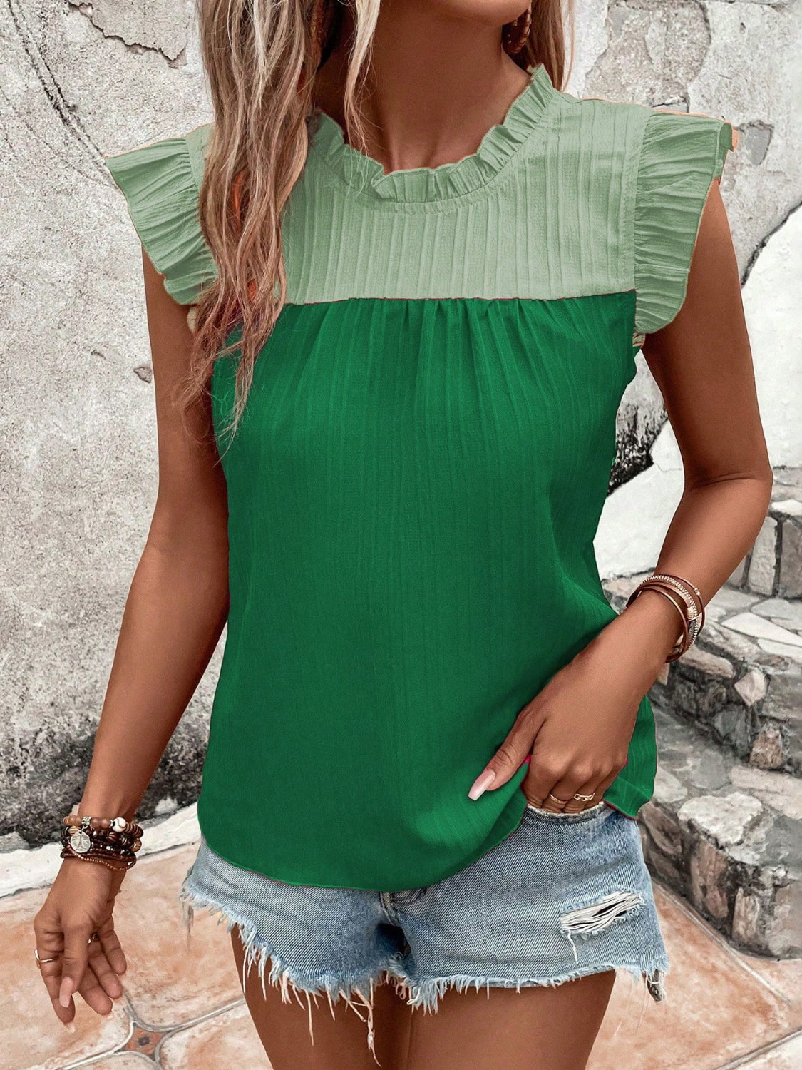 Honeybee Mumford's Frill Contrast Round Neck Cap Sleeve Blouse