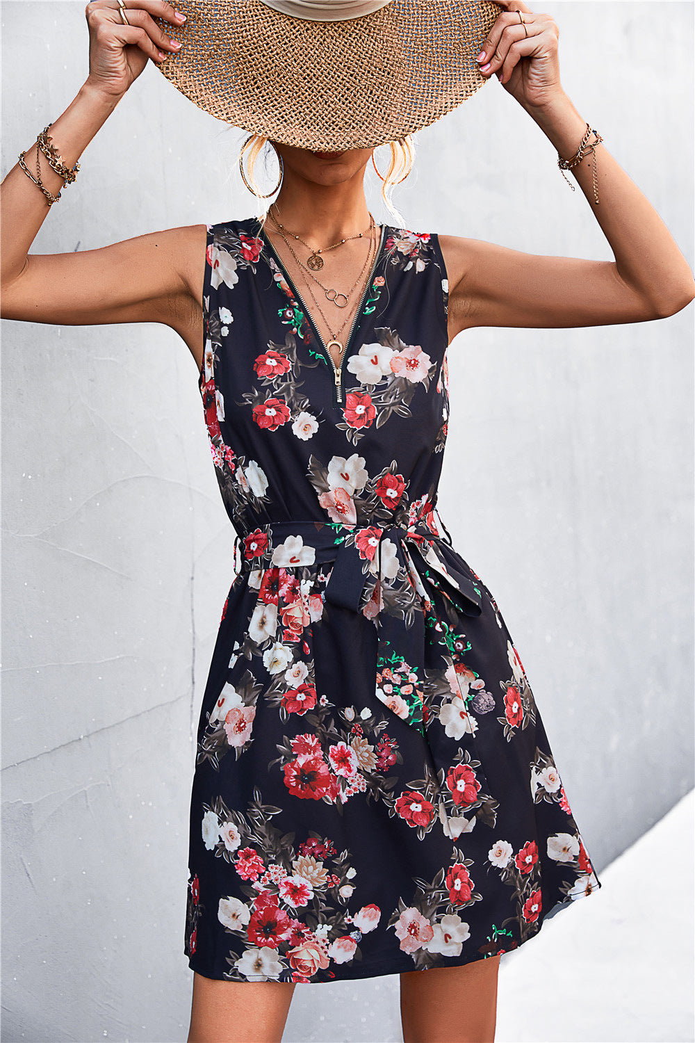 Honeybee Mumford's Printed Zip Detail Belted Sleeveless Dress