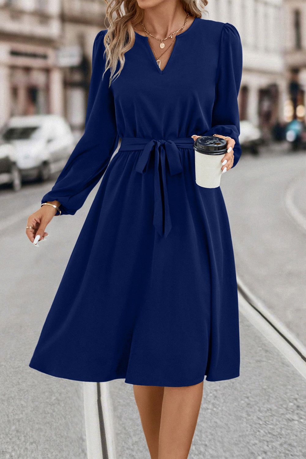 Honeybee Mumford's Tie Waist Notched Neck Long Sleeve Dress