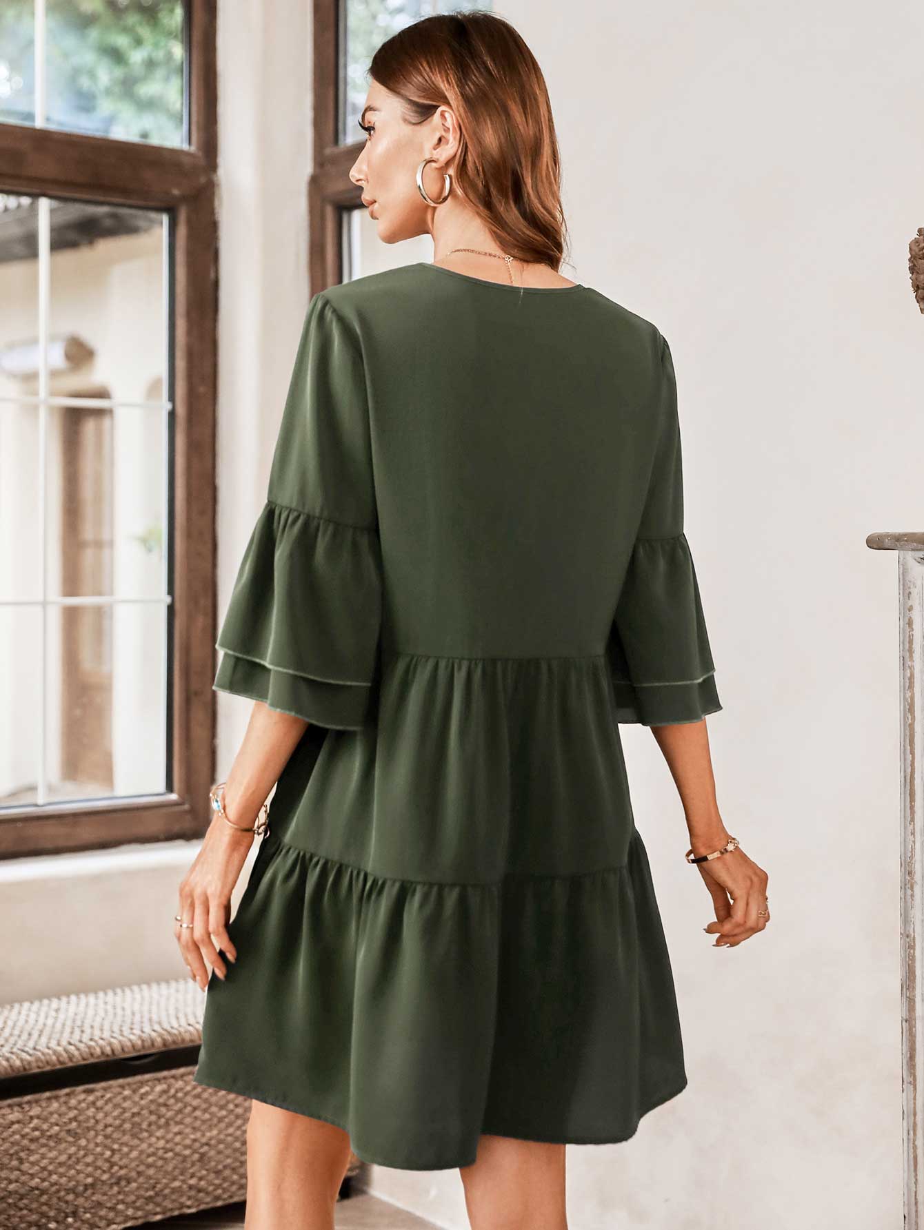 Honeybee Mumford's V-Neck Three-Quarter Flounce Sleeve Tiered Dress