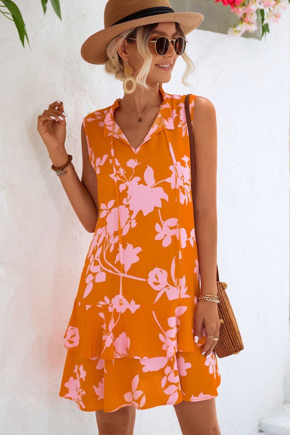 Honeybee Mumford's Floral Tie Neck Sleeveless Layered Dress