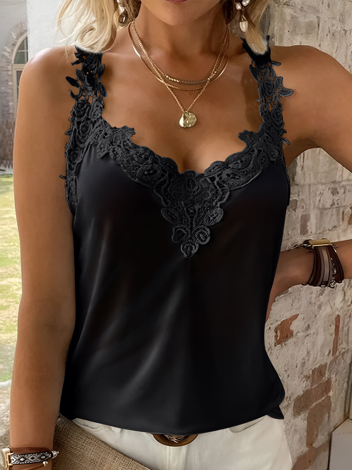 Honeybee Mumford's Full Size Lace Detail V-Neck Tank