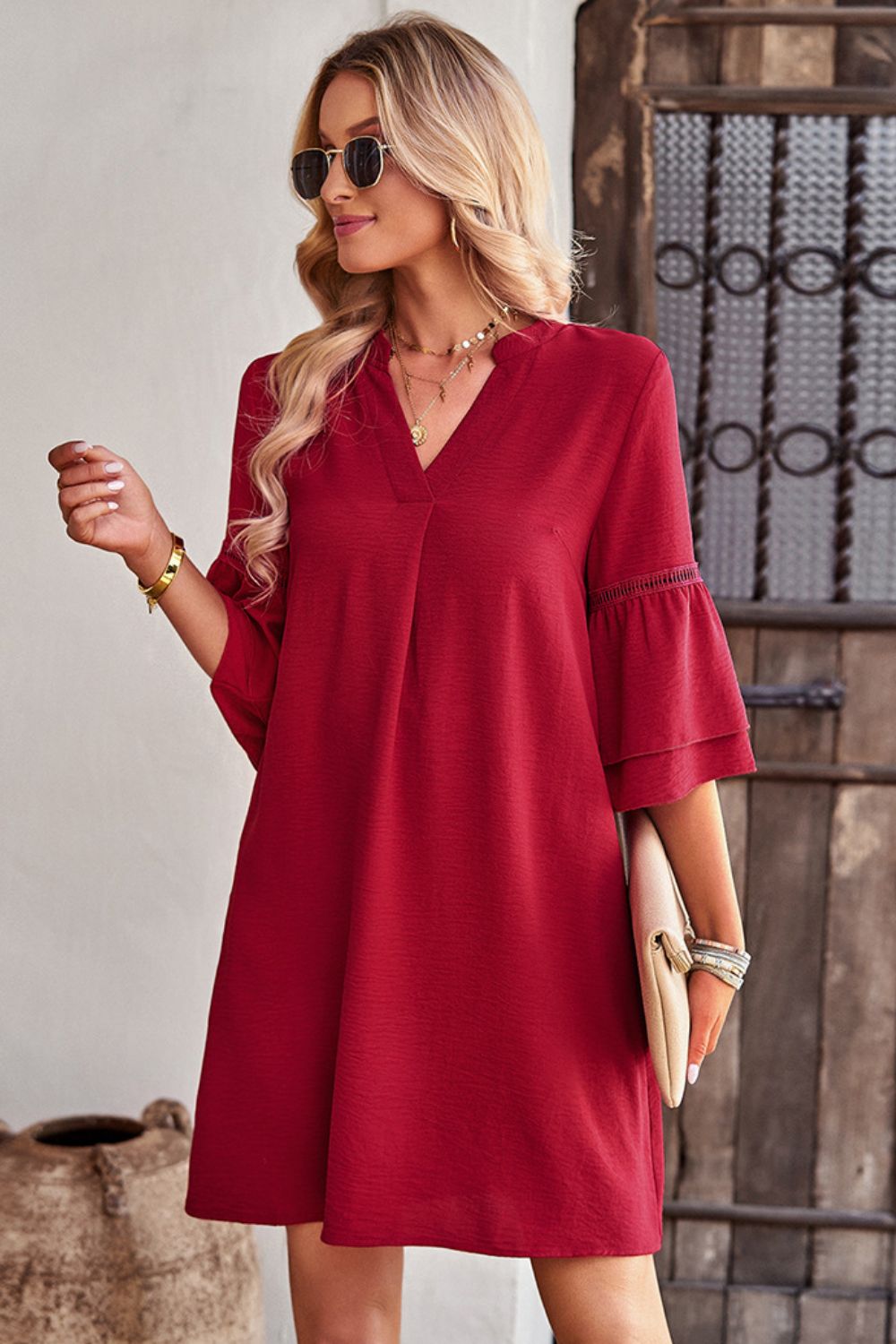 Honeybee Mumford's Notched Neck Flare Sleeve Pocket Dress