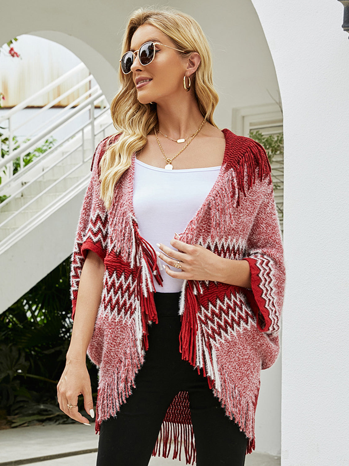 Honeybee Mumford's Geometric Fringe Open Front Cardigan