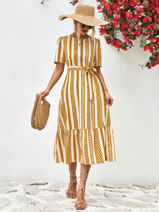 Honeybee Mumford's Striped Tie Belt Round Neck Puff Sleeve Dress