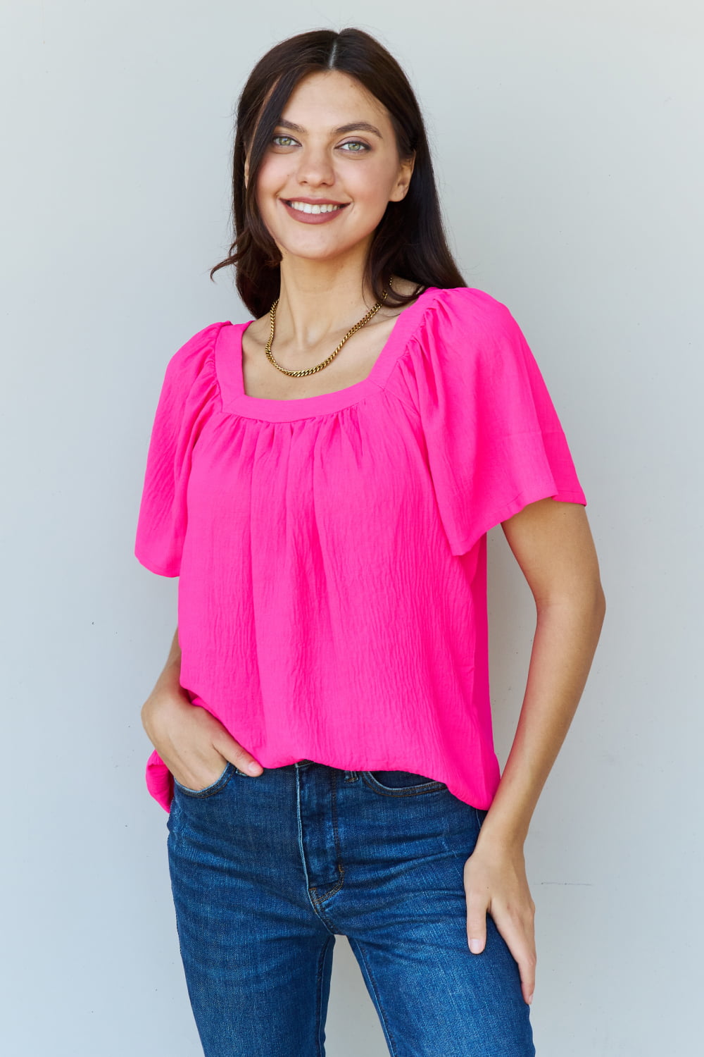 Honeybee Mumford's Keep Me Close Square Neck Short Sleeve Blouse in Fuchsia