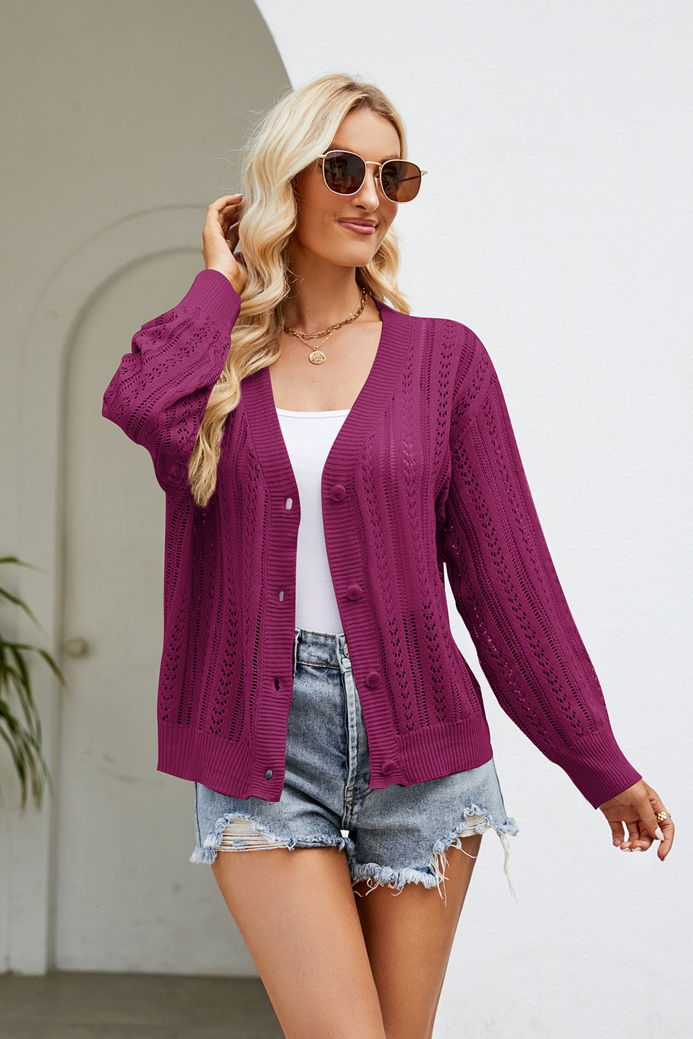 Honeybee Mumford's Openwork Button Front V-Neck Cardigan