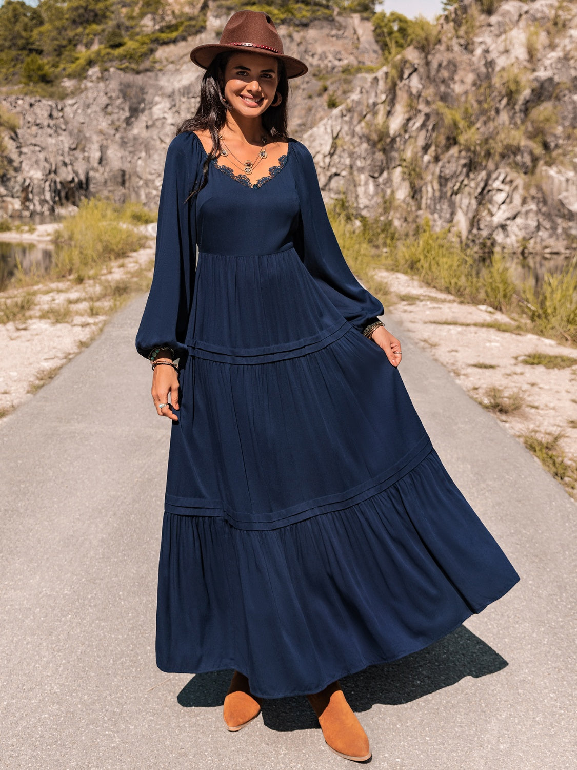 Honeybee Mumford's Long Sleeve Lace Trim Maxi Dress