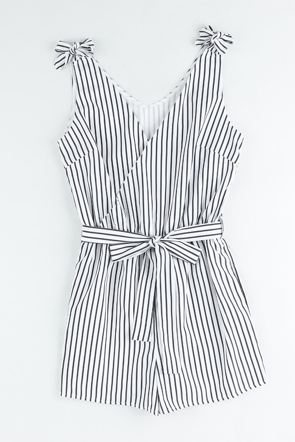 Honeybee Mumford's White Striped Print Wrap Sleeveless Romper