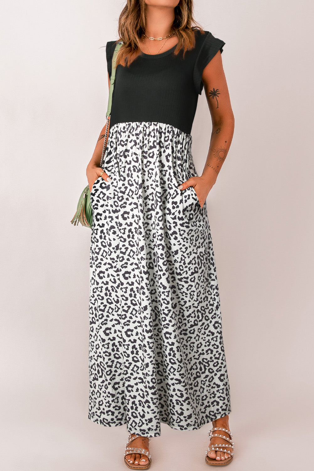 Honeybee Mumford's Leopard Print Round Neck Maxi Dress with Pockets