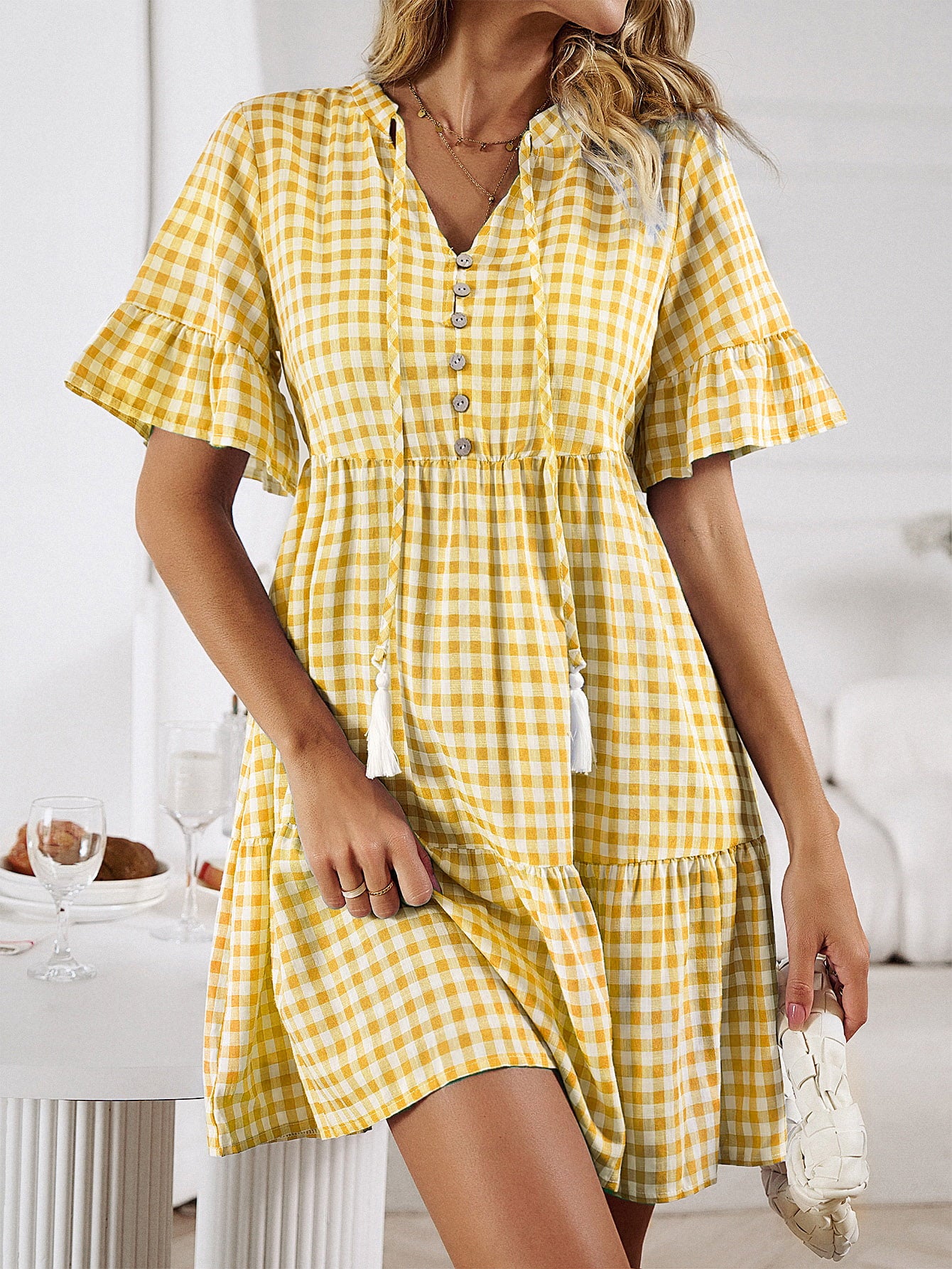 Honeybee Mumford's Plaid Flounce Sleeve Buttoned Mini/ short Dress