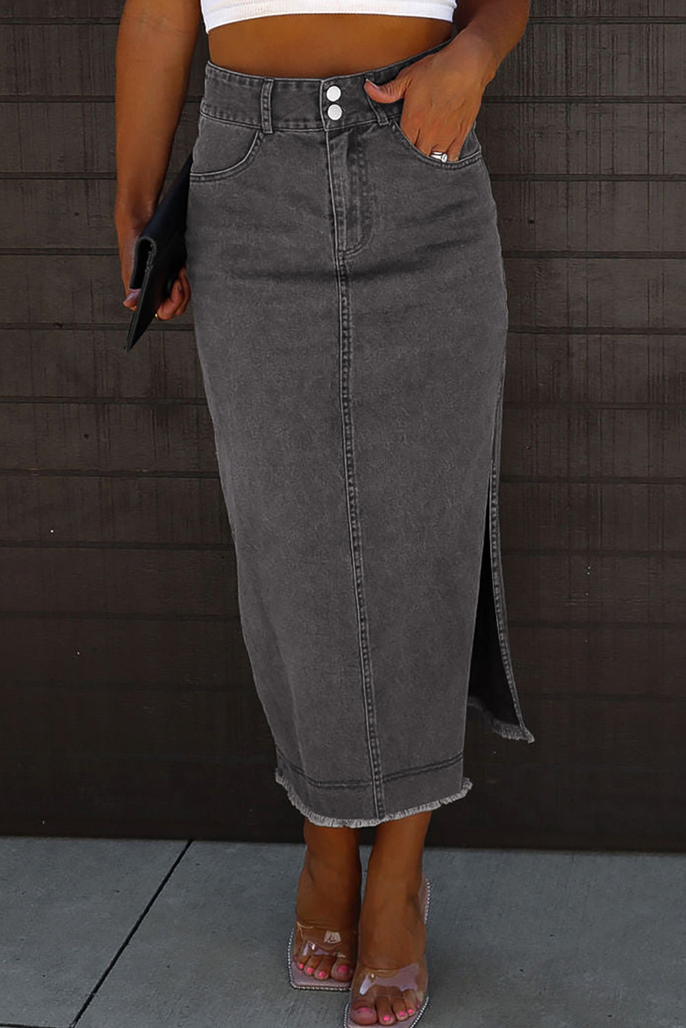 Honeybee Mumford's Black Raw Edge Side Slits Buttoned Midi Denim Skirt