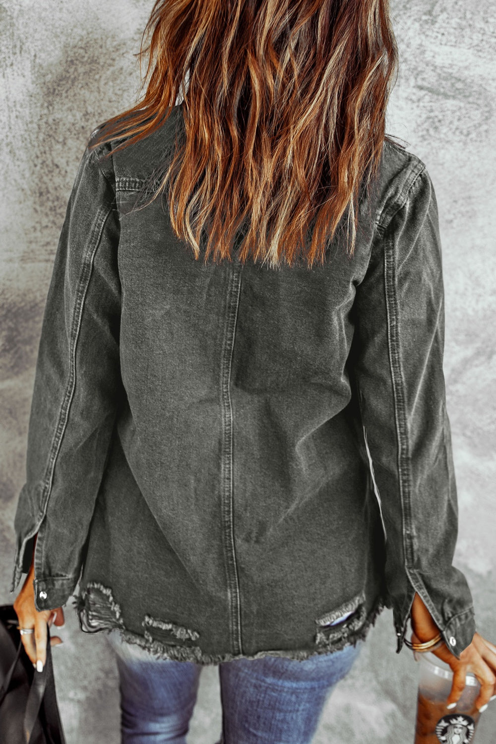 Honeybee Mumford's Distressed Raw Hem Snap Down Denim Jacket