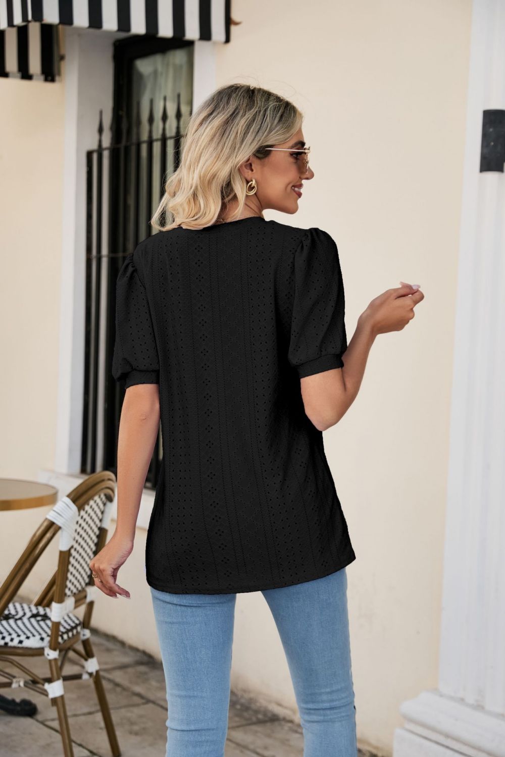 Honeybee Mumford's Eyelet Puff Sleeve V-Neck Top