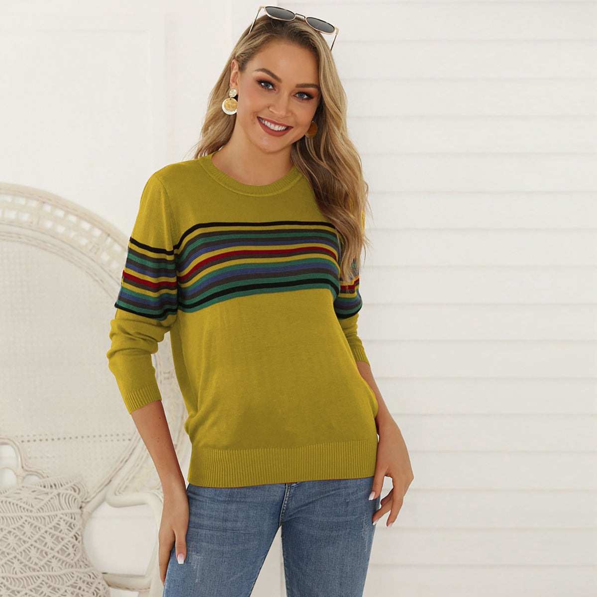 Honeybee Mumford's Striped Round Neck Long Sleeve Sweater