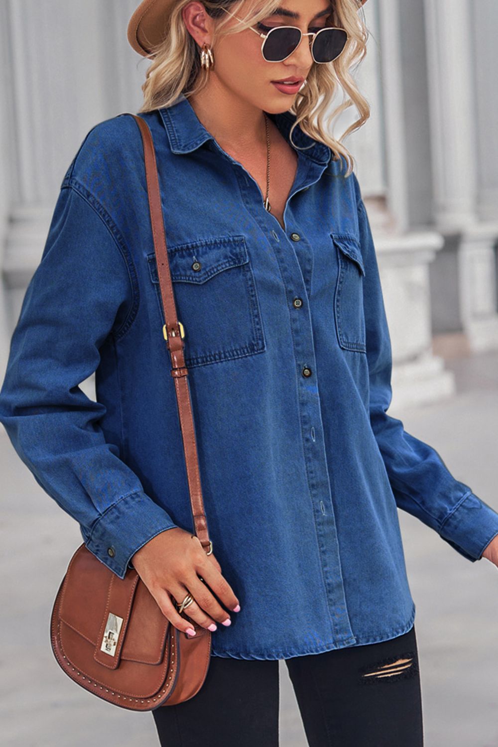 Honeybee Mumford's Collared Neck Dropped Shoulder Denim Top