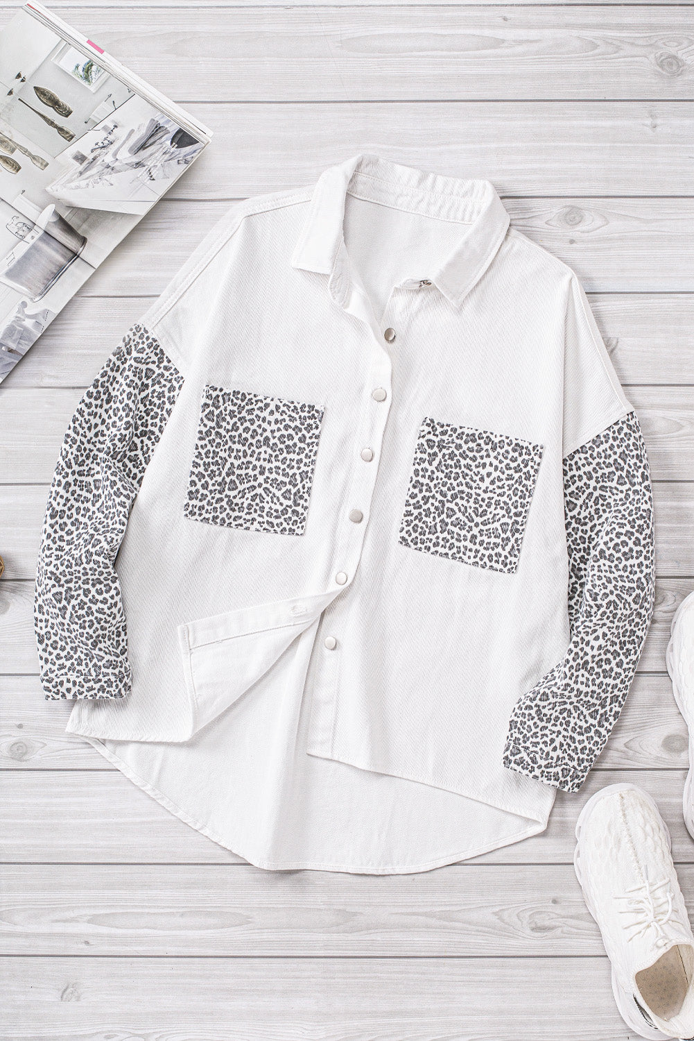 Honeybee Mumford's White Contrast Leopard Denim Jacket