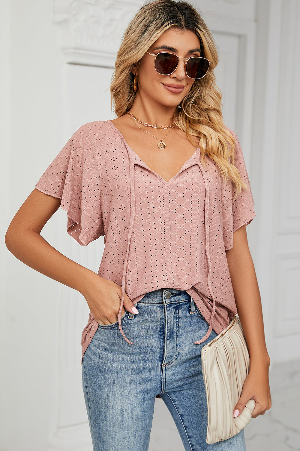 Honeybee Mumford's Eyelet Tie Neck Flutter Sleeve Blouse