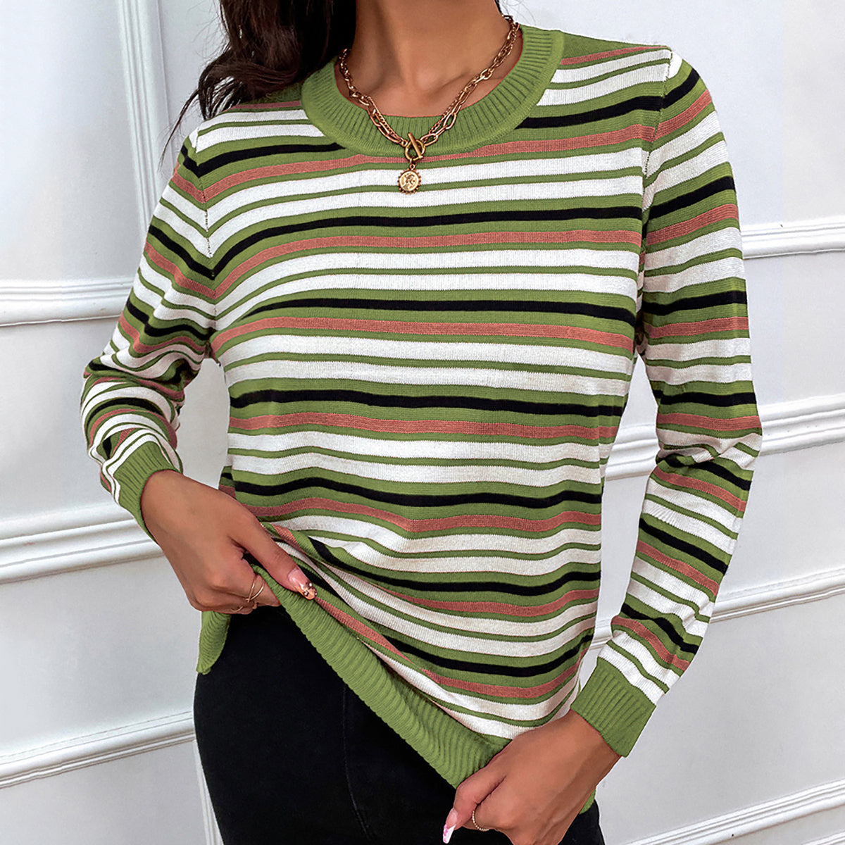 Honeybee Mumford's Striped Round Neck Long Sleeve Sweater