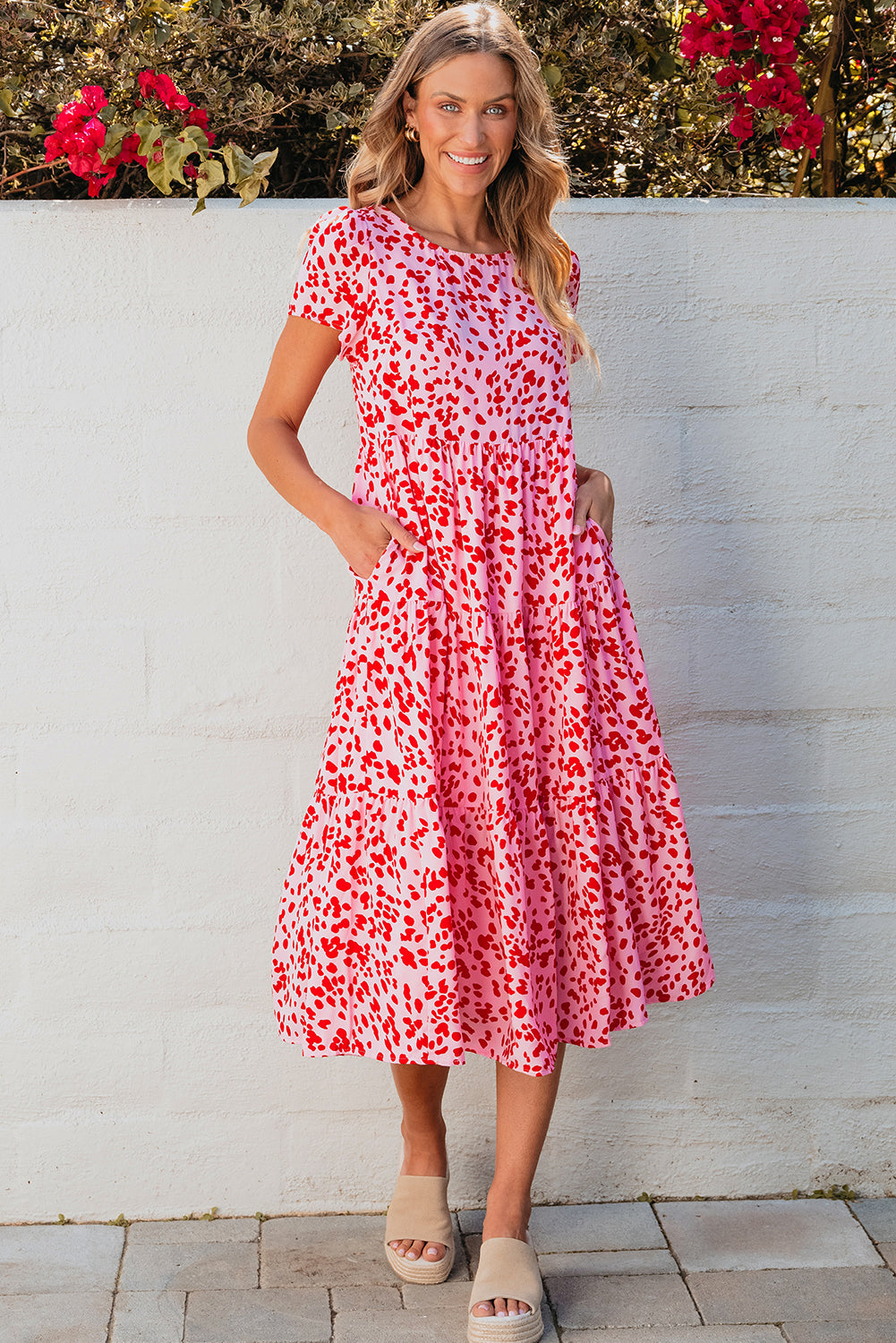 Honeybee Mumford's Pink Boho Printed Short Sleeve Flare Tiered Dress