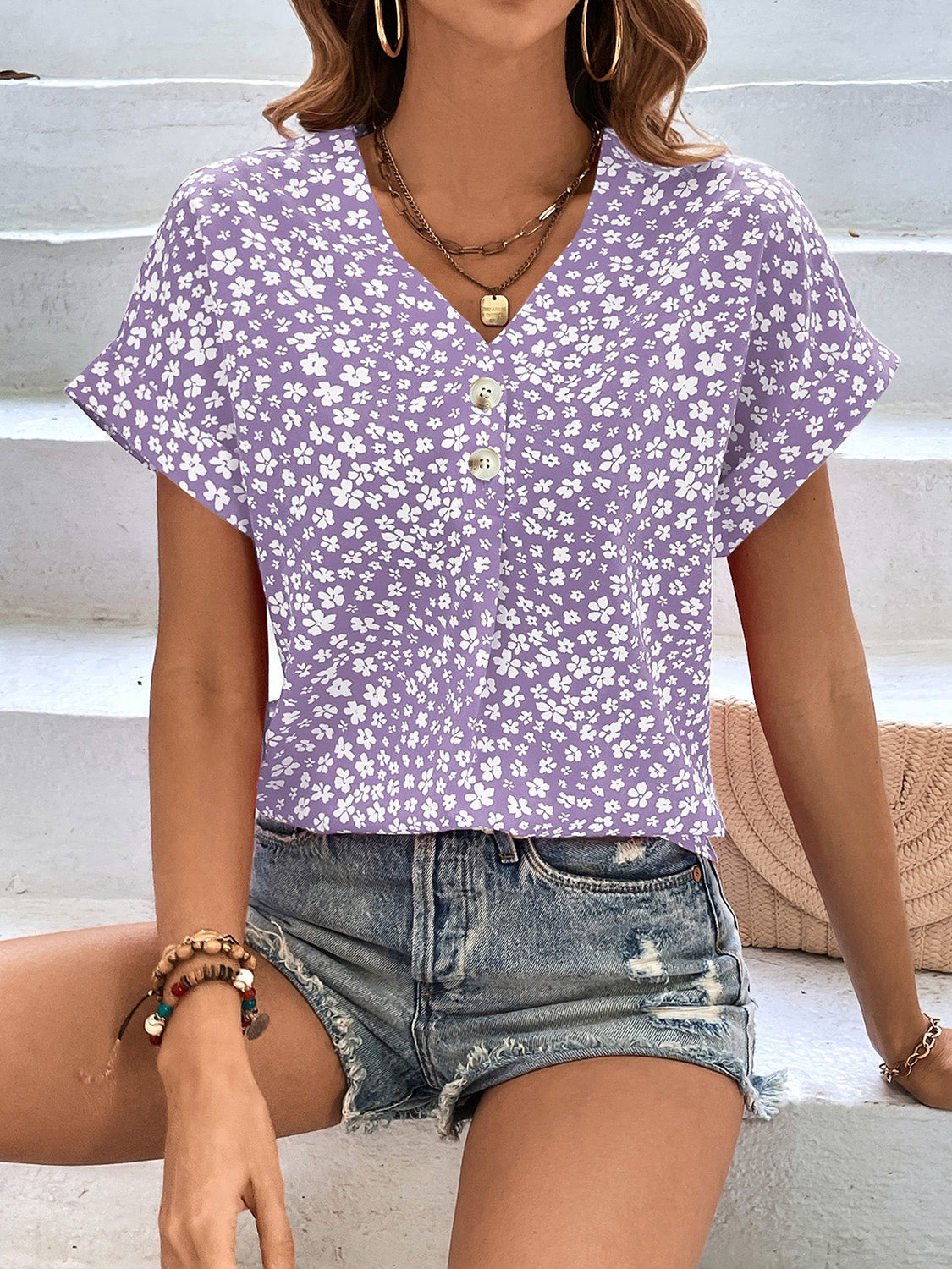 Honeybee Mumford's Printed V-Neck Short Sleeve Blouse