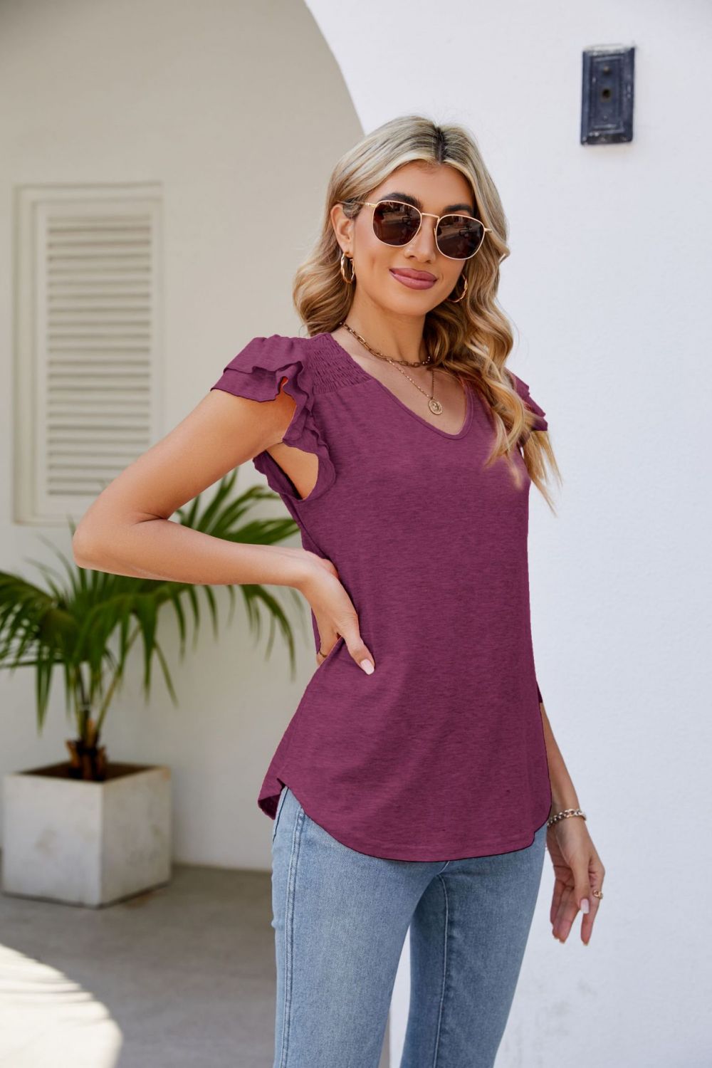 Honeybee Mumford's Smocked Flutter Sleeve V-Neck Top