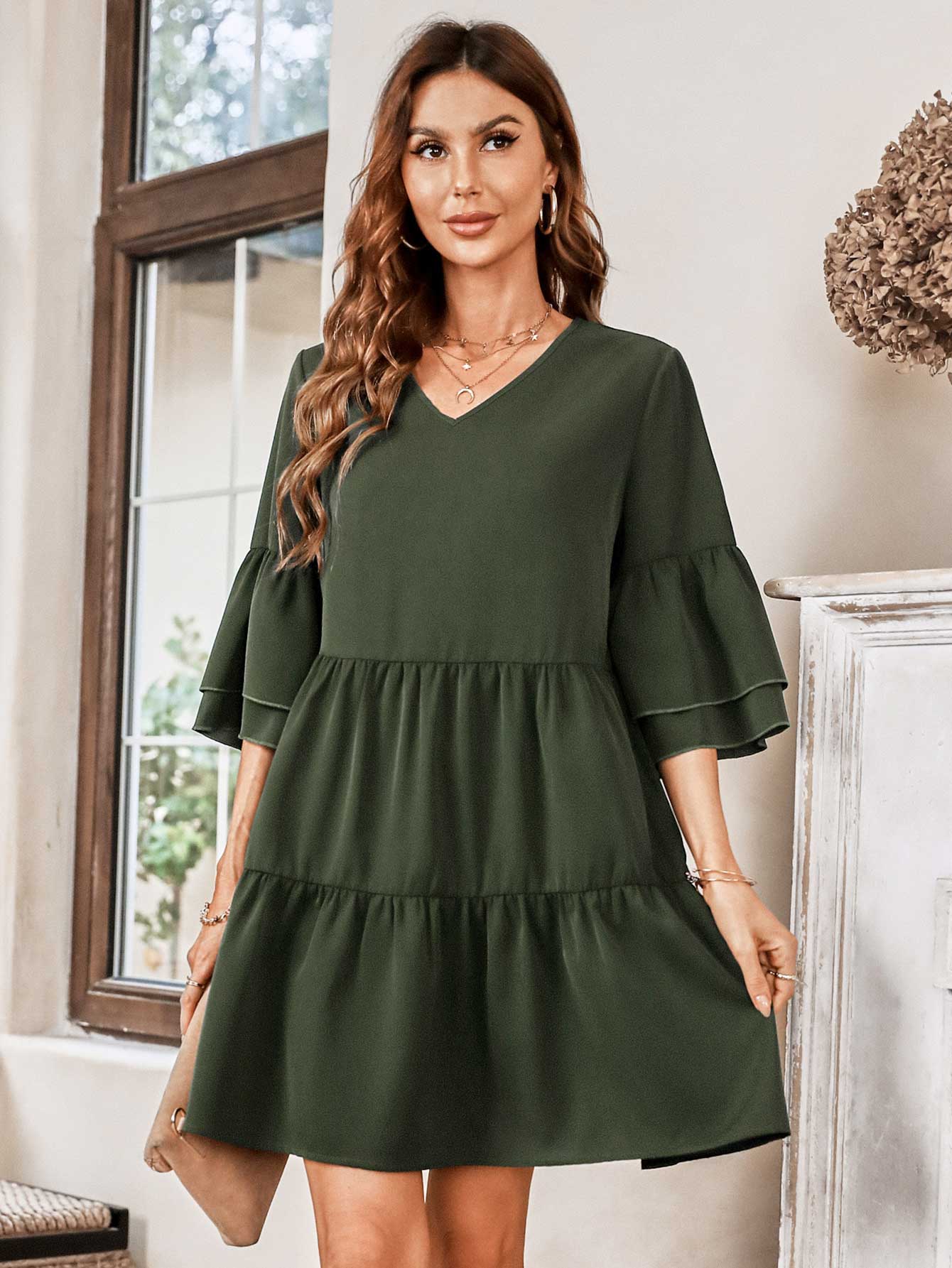 Honeybee Mumford's V-Neck Three-Quarter Flounce Sleeve Tiered Dress